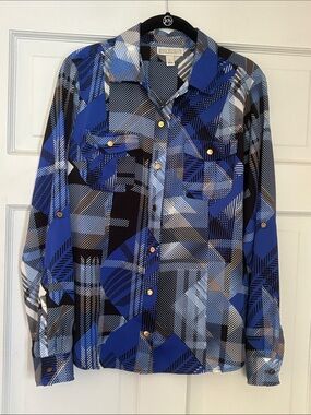 Dana Buchman Blue and Black Geometric Button-Down Shirt - Men